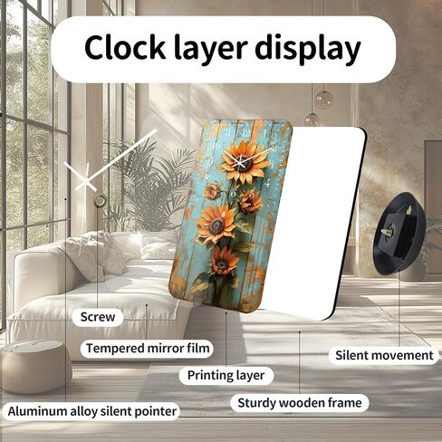 Rustic Clock for Bedroom 12 inch - Sunflower Wall Clock Battery Operated - Wooden Vintage Wall Clocks Silent Non Ticking for Office Kitchen Living Room Decor in Kuwait