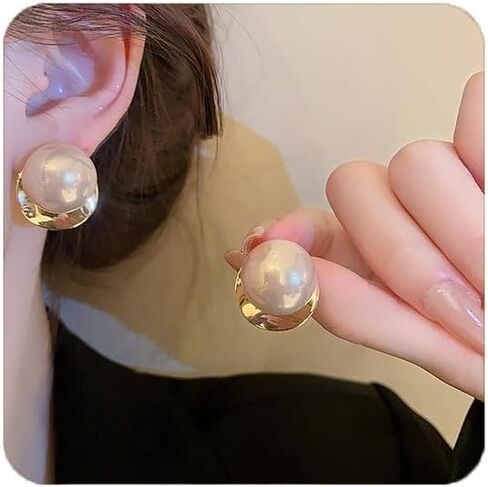Pearl Stud Earrings for Women,Formal Gold Plated Brass Statement Simulated Large Big Round Pearl Earrings For Gift Party Prom Wedding in Saudi Arabia