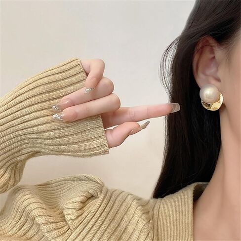 Pearl Stud Earrings for Women,Formal Gold Plated Brass Statement Simulated Large Big Round Pearl Earrings For Gift Party Prom Wedding in Saudi Arabia