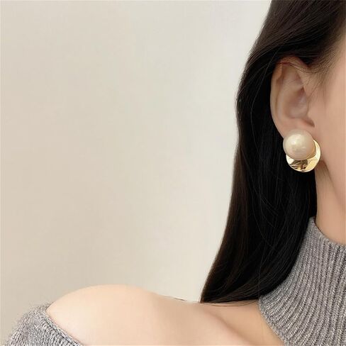 Pearl Stud Earrings for Women,Formal Gold Plated Brass Statement Simulated Large Big Round Pearl Earrings For Gift Party Prom Wedding in Saudi Arabia