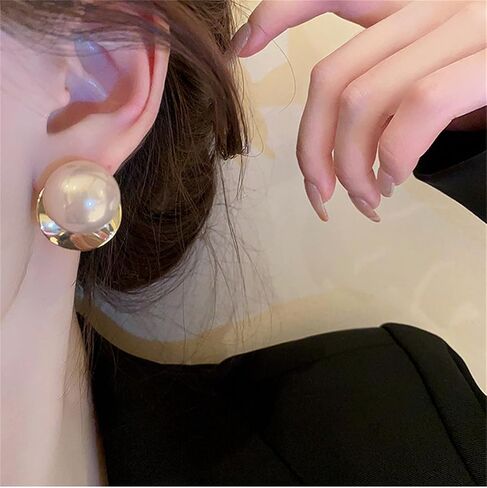 Pearl Stud Earrings for Women,Formal Gold Plated Brass Statement Simulated Large Big Round Pearl Earrings For Gift Party Prom Wedding in Saudi Arabia