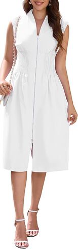 Dress for Women Casual Flowy Dresses Zipper Front Waist Cinching Midi Dresses Fit for Office and Vacation Cocktail Party Prom in Kuwait