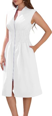 Dress for Women Casual Flowy Dresses Zipper Front Waist Cinching Midi Dresses Fit for Office and Vacation Cocktail Party Prom in Kuwait