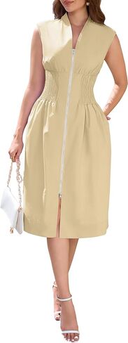 Dress for Women Casual Flowy Dresses Zipper Front Waist Cinching Midi Dresses Fit for Office and Vacation Cocktail Party Prom in Kuwait