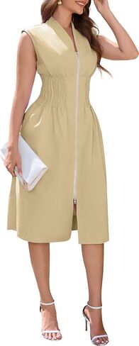 Dress for Women Casual Flowy Dresses Zipper Front Waist Cinching Midi Dresses Fit for Office and Vacation Cocktail Party Prom in Kuwait