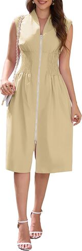 Dress for Women Casual Flowy Dresses Zipper Front Waist Cinching Midi Dresses Fit for Office and Vacation Cocktail Party Prom in Kuwait