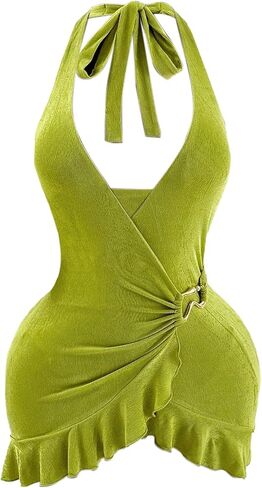 SweatyRocks Women's Bodycon Wrap Halter Mini Dresses Deep V Neck Ruffle Asymmetrical Dress Clubwear in Saudi Arabia