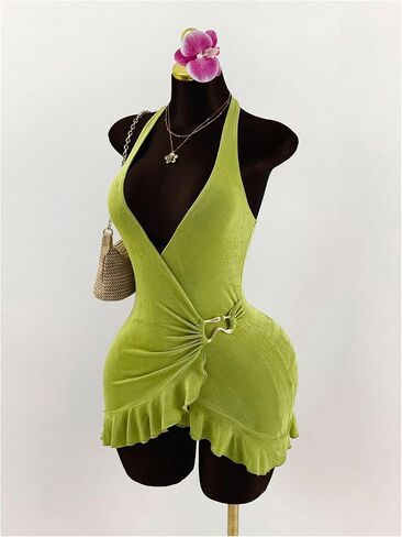 SweatyRocks Women's Bodycon Wrap Halter Mini Dresses Deep V Neck Ruffle Asymmetrical Dress Clubwear in Saudi Arabia