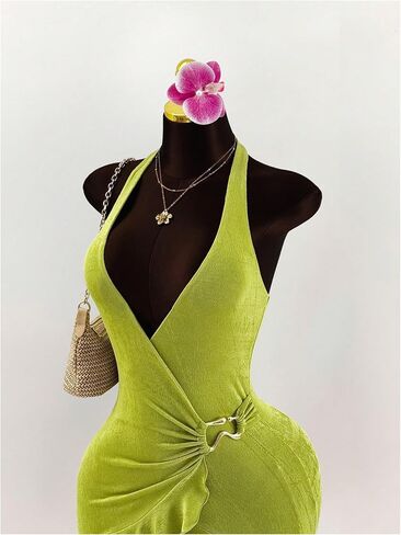 SweatyRocks Women's Bodycon Wrap Halter Mini Dresses Deep V Neck Ruffle Asymmetrical Dress Clubwear in Saudi Arabia