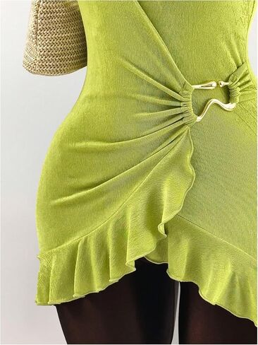 SweatyRocks Women's Bodycon Wrap Halter Mini Dresses Deep V Neck Ruffle Asymmetrical Dress Clubwear in Saudi Arabia