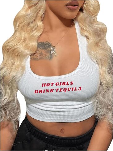 SOLY HUX Women's Letter Graphic Tank Tops Sleeveless Scoop Neck Ribbed Knit Slim Fit Crop Top in Saudi Arabia