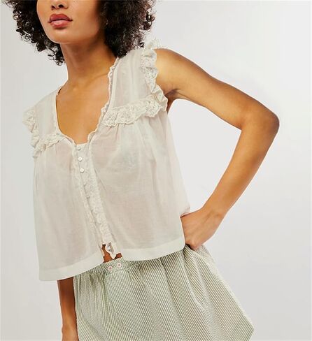 Women Lace Trim Vest Tank Top Sleeveless Button Down Cardigan Crop Tops Cute Summer Cami Shirt Y2k Going Out Tops in Kuwait