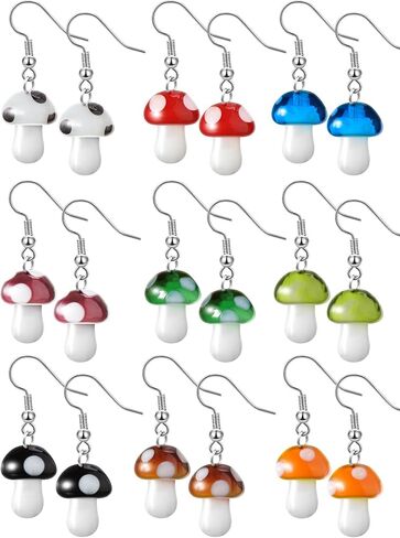 9 Pairs Mushroom Earrings for Women Long Pendant Glass Mushroom Earring Colorful Steampunk Earring Creative Funny Cute Weird Jewelry Women's Drop and Dangle Earrings in Saudi Arabia
