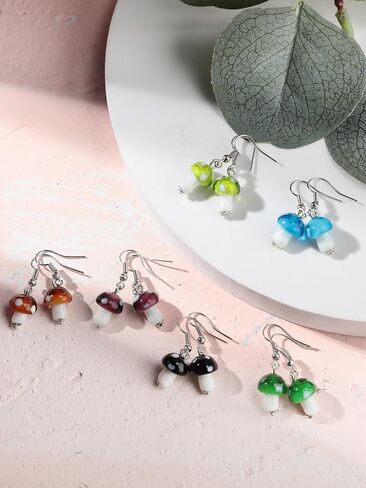 9 Pairs Mushroom Earrings for Women Long Pendant Glass Mushroom Earring Colorful Steampunk Earring Creative Funny Cute Weird Jewelry Women's Drop and Dangle Earrings in Saudi Arabia