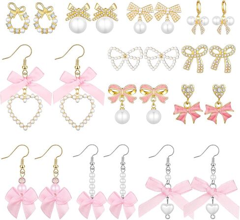12 زوجًا من أقراط القوس الوردي للنساء Coquette Ribbon Earrings Pearl Bow Stud Pink Ribbon Pearl Rhinestone Drop Drop Jewelry for Women Coquette Wedder Preppy Party Day Heal in Saudi Arabia