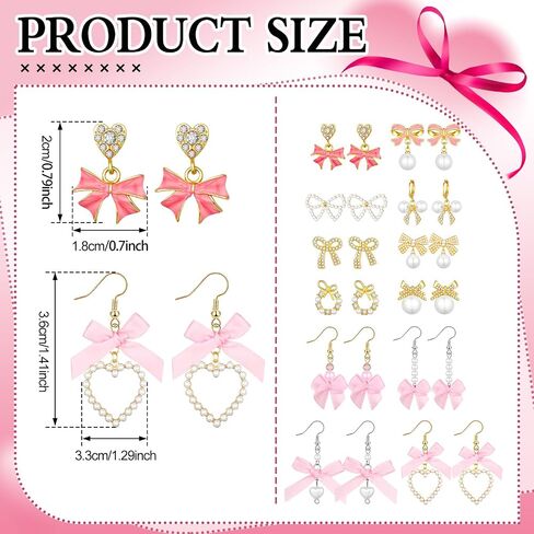 12 زوجًا من أقراط القوس الوردي للنساء Coquette Ribbon Earrings Pearl Bow Stud Pink Ribbon Pearl Rhinestone Drop Drop Jewelry for Women Coquette Wedder Preppy Party Day Heal in Saudi Arabia