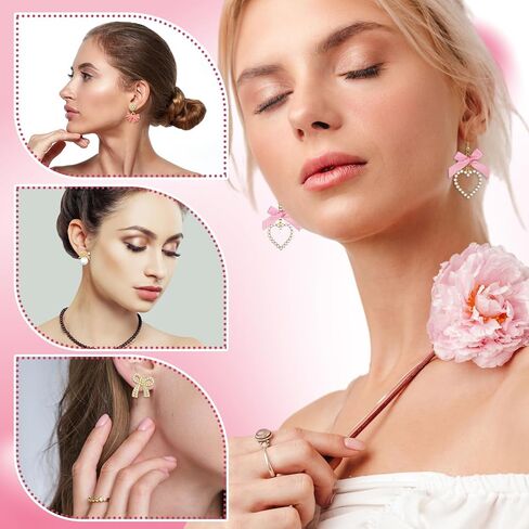 12 زوجًا من أقراط القوس الوردي للنساء Coquette Ribbon Earrings Pearl Bow Stud Pink Ribbon Pearl Rhinestone Drop Drop Jewelry for Women Coquette Wedder Preppy Party Day Heal in Saudi Arabia