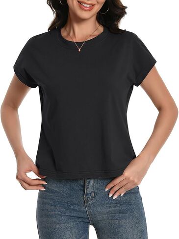 Womens Crop Tops Cap Sleeve Cotton T Shirts Crewneck Loose Fit Trendy Tee Summer Workout Tops 2025 in Saudi Arabia