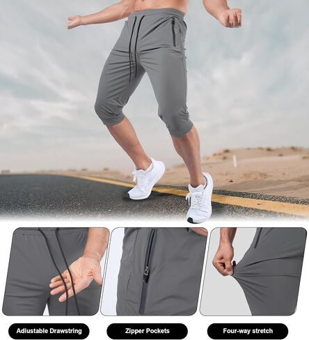 Fioboc 3/4 Joggers for Men with Zipper Pockets, Capri Pants Quick Dry Men's Sweatpants Drawcord Adjusts Workout Pants in Saudi Arabia