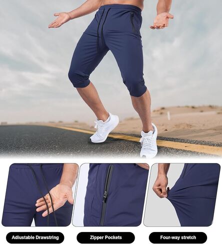 Fioboc 3/4 Joggers for Men with Zipper Pockets, Capri Pants Quick Dry Men's Sweatpants Drawcord Adjusts Workout Pants in Kuwait