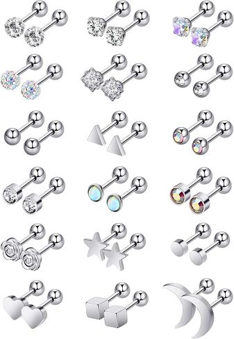 18 Pairs Stainless Steel Stud Earrings Solid Rhinestone Earring Cartilage Earrings Helix Ear Piercing Jewelry for Women Men (Steel Color, 18 G/ 1 mm with 4 mm Screw Ball) in Saudi Arabia