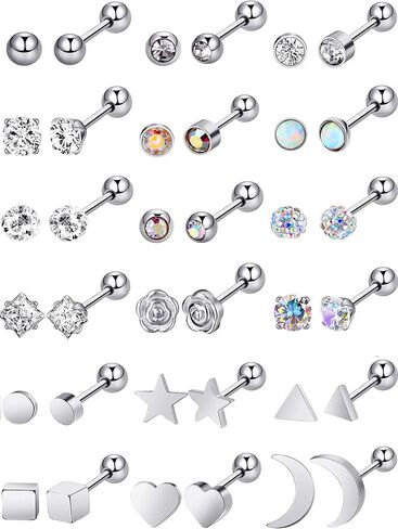 18 Pairs Stainless Steel Stud Earrings Solid Rhinestone Earring Cartilage Earrings Helix Ear Piercing Jewelry for Women Men (Steel Color, 18 G/ 1 mm with 4 mm Screw Ball) in Saudi Arabia