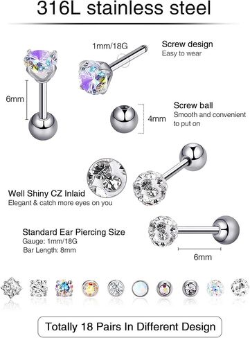 18 Pairs Stainless Steel Stud Earrings Solid Rhinestone Earring Cartilage Earrings Helix Ear Piercing Jewelry for Women Men (Steel Color, 18 G/ 1 mm with 4 mm Screw Ball) in Saudi Arabia