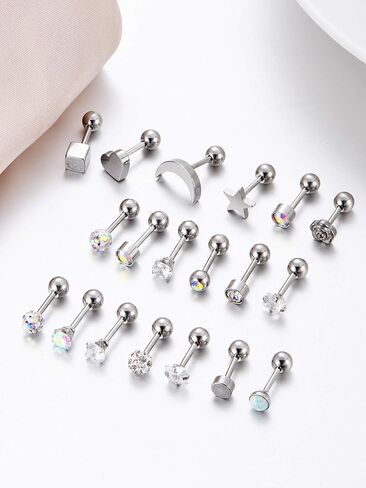18 Pairs Stainless Steel Stud Earrings Solid Rhinestone Earring Cartilage Earrings Helix Ear Piercing Jewelry for Women Men (Steel Color, 18 G/ 1 mm with 4 mm Screw Ball) in Saudi Arabia