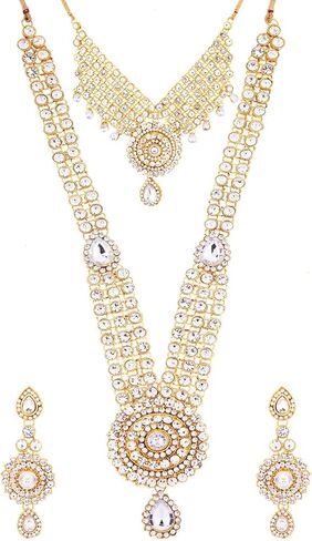 Efulgenz Indian Jewelry Sets for Women Bollywood Jewelry Indian Bollywood Bridal Wedding Kundan Crystal Necklace Earring Maang Tikka Head Chain Nose Ring Bracelet Jewelry Set in Saudi Arabia