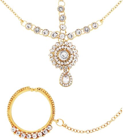 Efulgenz Indian Jewelry Sets for Women Bollywood Jewelry Indian Bollywood Bridal Wedding Kundan Crystal Necklace Earring Maang Tikka Head Chain Nose Ring Bracelet Jewelry Set in Saudi Arabia