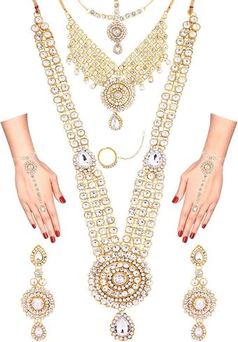 Efulgenz Indian Jewelry Sets for Women Bollywood Jewelry Indian Bollywood Bridal Wedding Kundan Crystal Necklace Earring Maang Tikka Head Chain Nose Ring Bracelet Jewelry Set in Saudi Arabia
