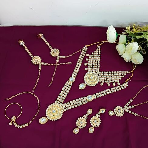 Efulgenz Indian Jewelry Sets for Women Bollywood Jewelry Indian Bollywood Bridal Wedding Kundan Crystal Necklace Earring Maang Tikka Head Chain Nose Ring Bracelet Jewelry Set in Saudi Arabia