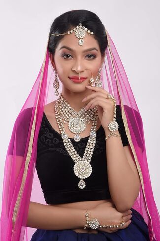 Efulgenz Indian Jewelry Sets for Women Bollywood Jewelry Indian Bollywood Bridal Wedding Kundan Crystal Necklace Earring Maang Tikka Head Chain Nose Ring Bracelet Jewelry Set in Saudi Arabia