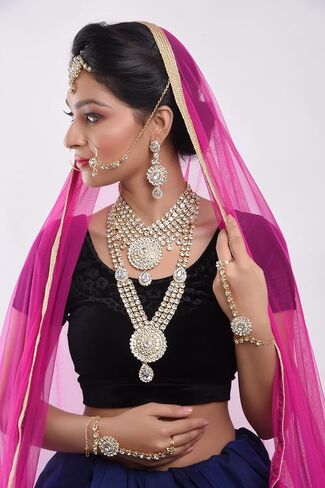 Efulgenz Indian Jewelry Sets for Women Bollywood Jewelry Indian Bollywood Bridal Wedding Kundan Crystal Necklace Earring Maang Tikka Head Chain Nose Ring Bracelet Jewelry Set in Saudi Arabia