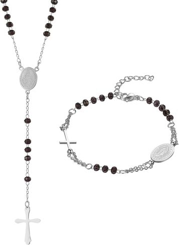 Rosary Beads Catholic Cross Necklace Bracelet: Stainless Steel Pearl Beaded Virgin Mary Medallion Christian Y Necklace Jewelry Gifts for Women Men in Saudi Arabia