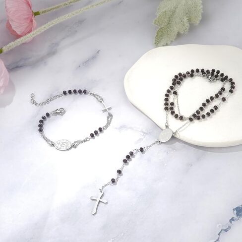 Rosary Beads Catholic Cross Necklace Bracelet: Stainless Steel Pearl Beaded Virgin Mary Medallion Christian Y Necklace Jewelry Gifts for Women Men in Saudi Arabia