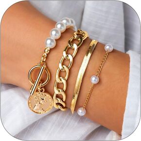 Roe Dolph Gold Bracelet Stack Gold Chunky Bracelets Stackable Chain Link Rhinestone Tennis Pearl Jewelry Trendy Stuff for Women in Kuwait