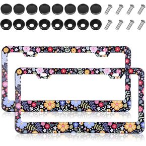 Flower License Plate Frame 2 Pcs Personalized Colorful Floral License Plate Frames with 2 Holes Screws Stainless Steel Car Plates Frame Universal Size: 12.4x6.3in Auto Parts Decoration in Saudi Arabia