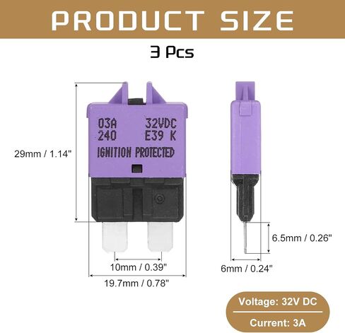 DMiotech 3 Pack Manual Mini Reset Fuse, 32V DC 3A ATC/ATO Auto Circuit Breaker Reset Fuses Low Profile Blade Fuses for Car Truck SUV Marine Boat Motorcycle, Purple in Saudi Arabia