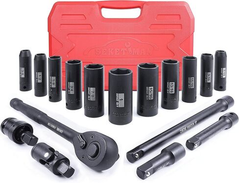 SEKETMAN 21PCS Drive Deep Impact Socket Set,1/2-Inch Metric Socket Set,(10-24mm),6 Point,CR-V steel,Includes Extension Bar,Universal Joint and Ratchet Handle in Kuwait