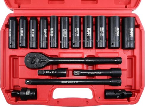 SEKETMAN 21PCS Drive Deep Impact Socket Set,1/2-Inch Metric Socket Set,(10-24mm),6 Point,CR-V steel,Includes Extension Bar,Universal Joint and Ratchet Handle in Kuwait
