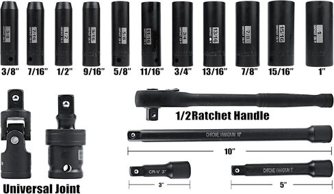 SEKETMAN 21PCS Drive Deep Impact Socket Set,1/2-Inch Metric Socket Set,(10-24mm),6 Point,CR-V steel,Includes Extension Bar,Universal Joint and Ratchet Handle in Kuwait