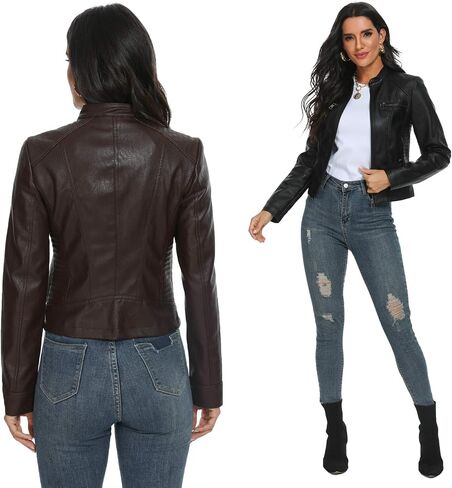 Fahsyee Black Faux Leather Jackets for Women Motorcycle PU Moto Biker Outwear Coat in Kuwait