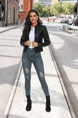 Fahsyee Black Faux Leather Jackets for Women Motorcycle PU Moto Biker Outwear Coat in Kuwait