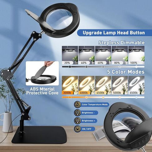 10X Desk Magnifying Glass with Light and Stand,Real Glass LED Lighted Magnifier,5 Color Modes Stepless Dimmable,Hands Free Metal Desk Lamp for Craft Reading Painting Hobby Close Work in Saudi Arabia