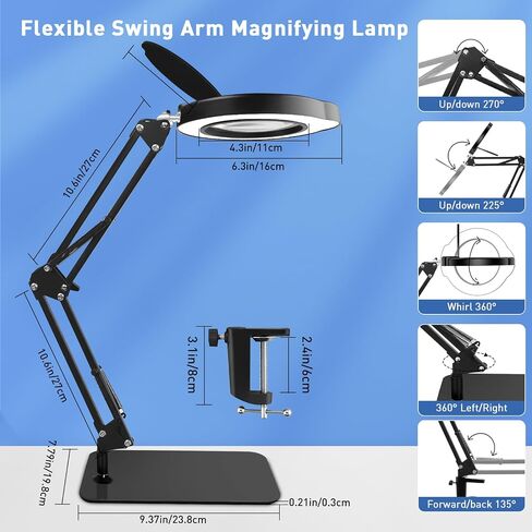 10X Desk Magnifying Glass with Light and Stand,Real Glass LED Lighted Magnifier,5 Color Modes Stepless Dimmable,Hands Free Metal Desk Lamp for Craft Reading Painting Hobby Close Work in Saudi Arabia