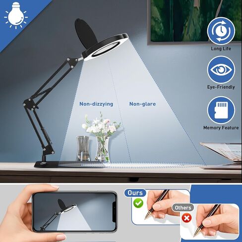 10X Desk Magnifying Glass with Light and Stand,Real Glass LED Lighted Magnifier,5 Color Modes Stepless Dimmable,Hands Free Metal Desk Lamp for Craft Reading Painting Hobby Close Work in Saudi Arabia