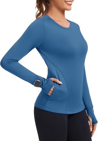 Loovoo Thermal Shirts for Women Long Sleeve Workout Tops Crewneck Fleece Base Layer Running Athletic Tee with Zipper Pocket in Saudi Arabia