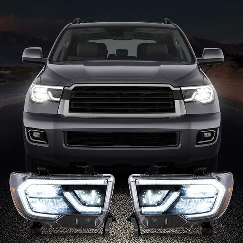 مصابيح أمامية لانعكاس Vland LED LED متوافقة مع Toyota Tundra 2007-2013 / Sequoia 2008-2021 مجموعة المصابيح الأمامية مع إشارة دوران متسلسلة ، جوانب السائق والركاب in Kuwait