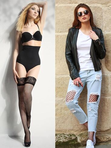 Bencailor 4 Pairs Fishnet Thigh High Stocking Silicone Lace Top Sheer Over Knee Stocking Silky Stockings for Women in Kuwait